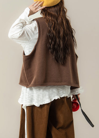 Casual Coffee Dogs Knit Vest And White Ruffled T Shirt Knit Two Pieces Set Spring