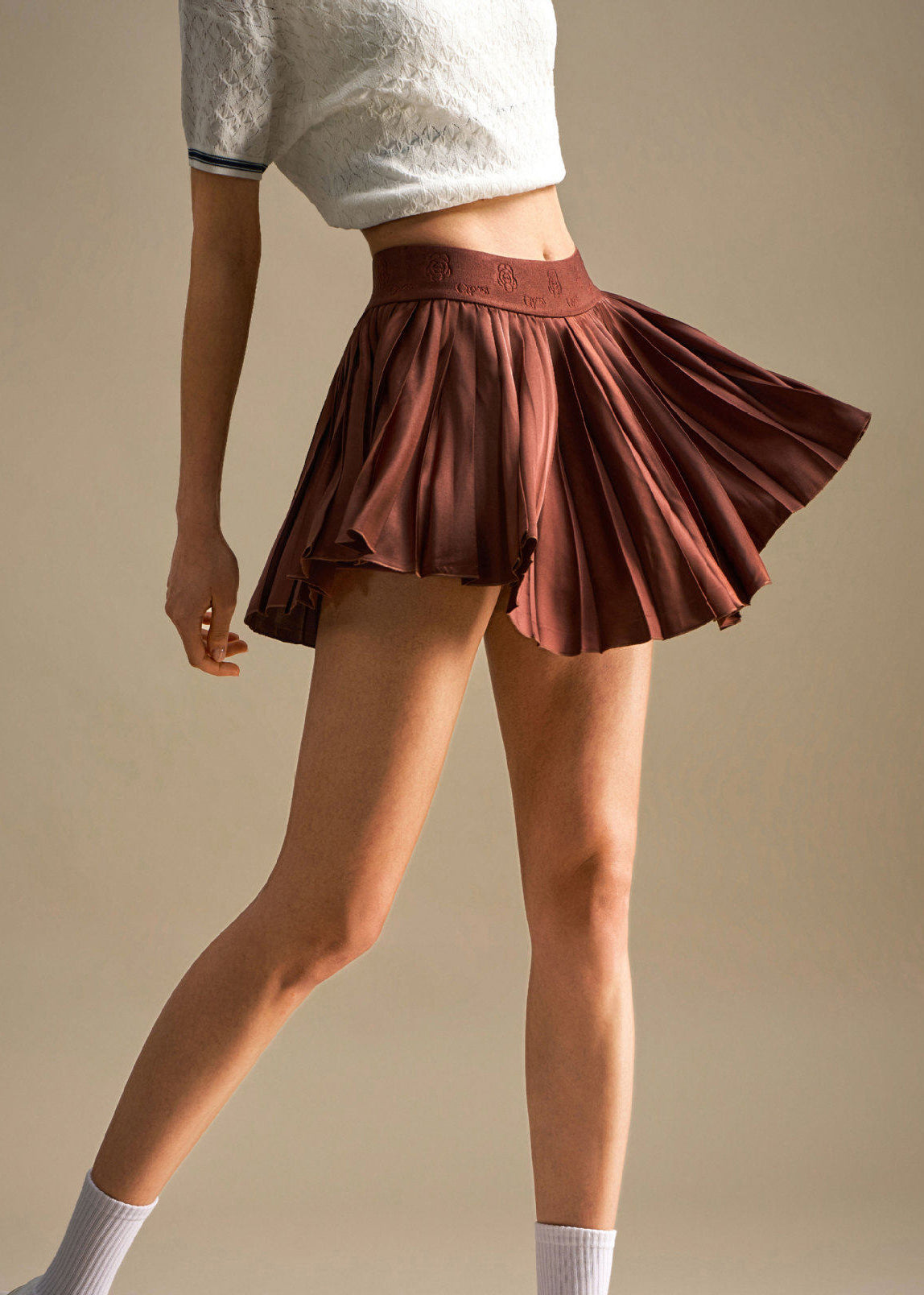 Casual Coffee Elastic Waist Built-In Shorts Athletic Pleated Skirt