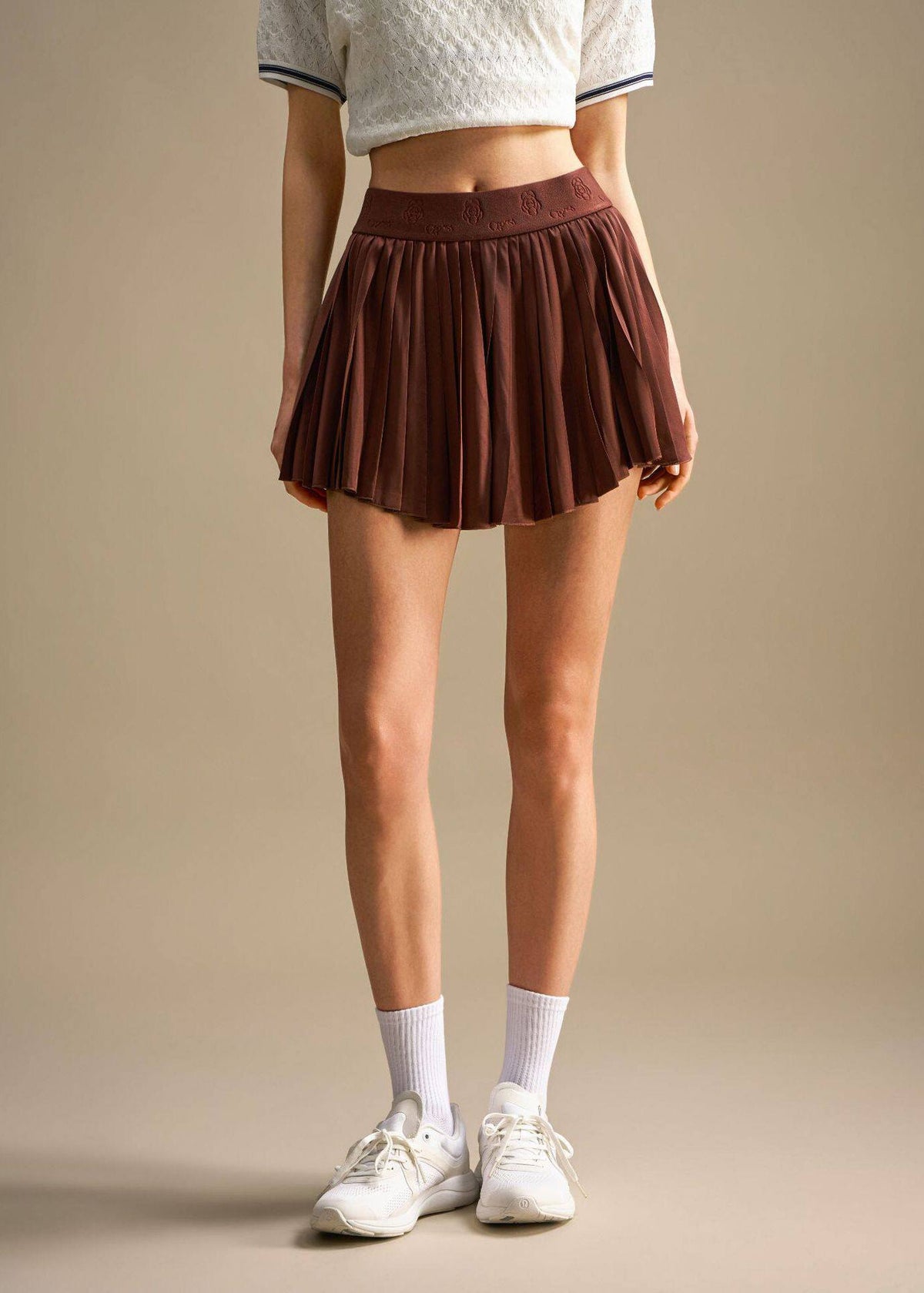 Casual Coffee Elastic Waist Built-In Shorts Athletic Pleated Skirt