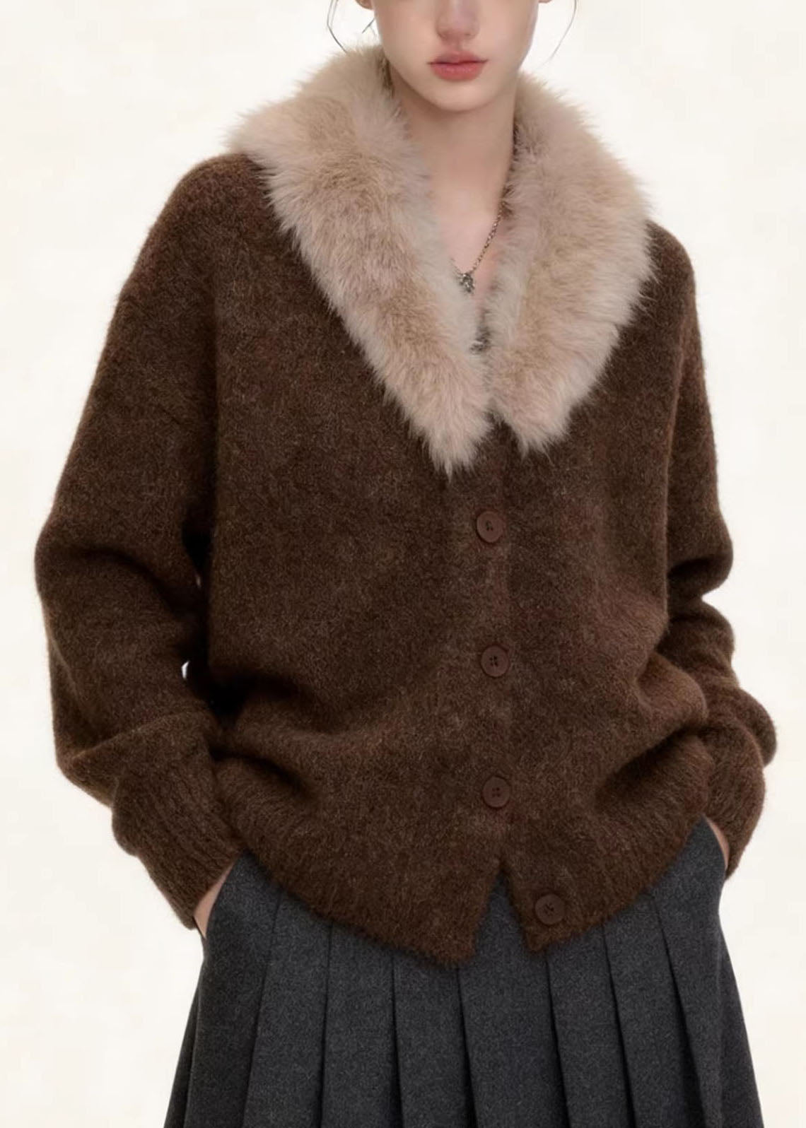 Casual Coffee Fur Collar Solid Cotton Knit Coats Fall