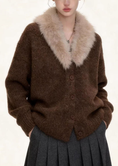 Casual Coffee Fur Collar Solid Cotton Knit Coats Fall