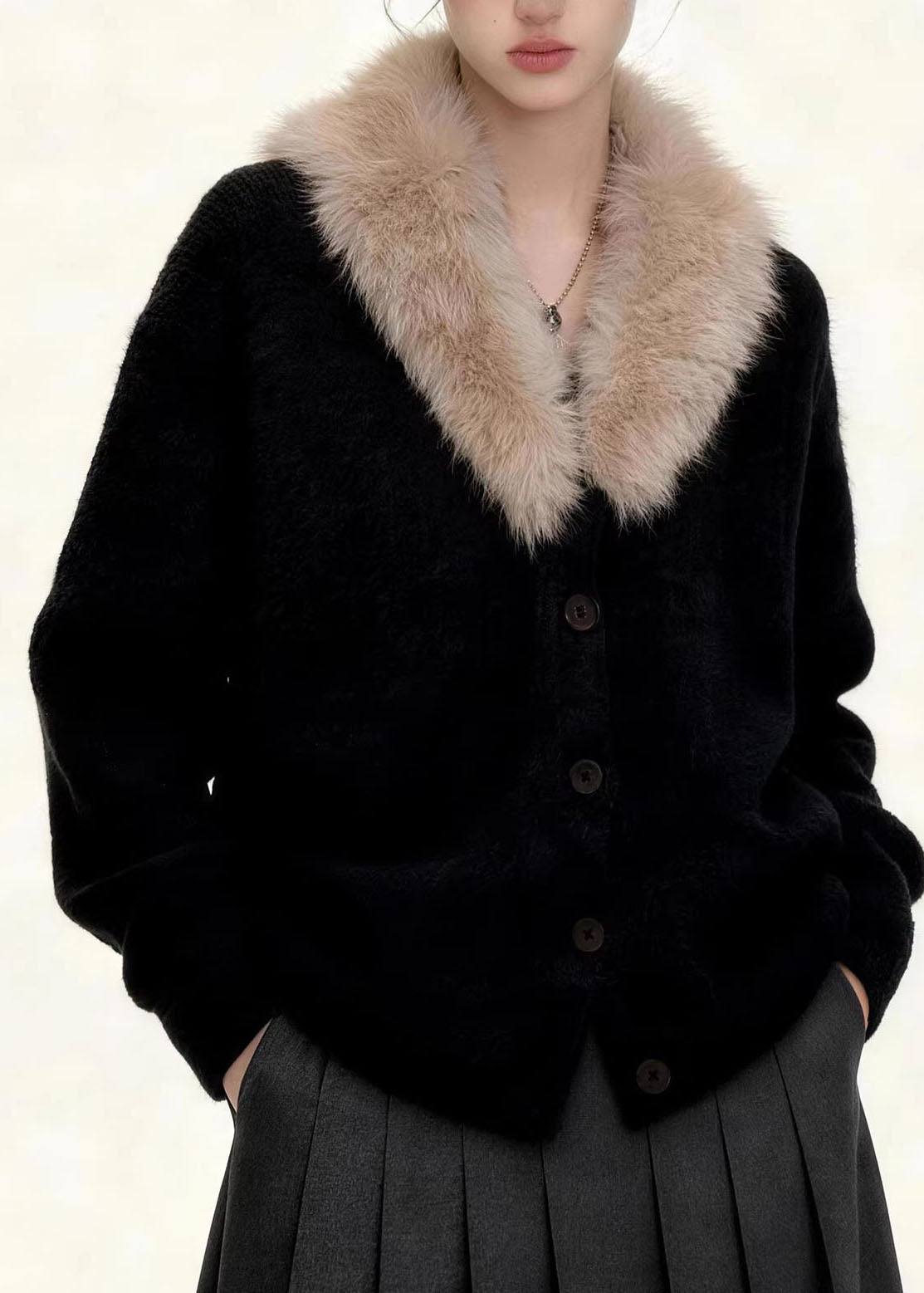 Casual Coffee Fur Collar Solid Cotton Knit Coats Fall