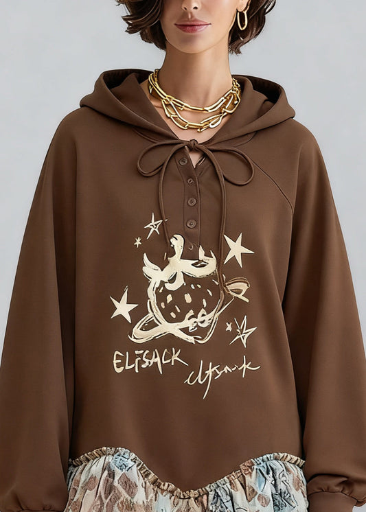 Casual Coffee Hooded Print Tulle Patchwork Sweatshirt Dresses Spring