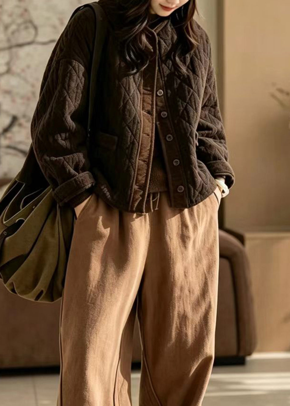Casual Coffee O-Neck Cotton Filled Jackets Winter