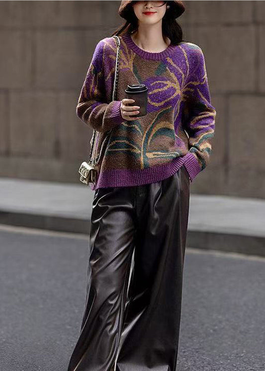 Casual Coffee O-Neck Jacquard Knit Sweater Long Sleeve