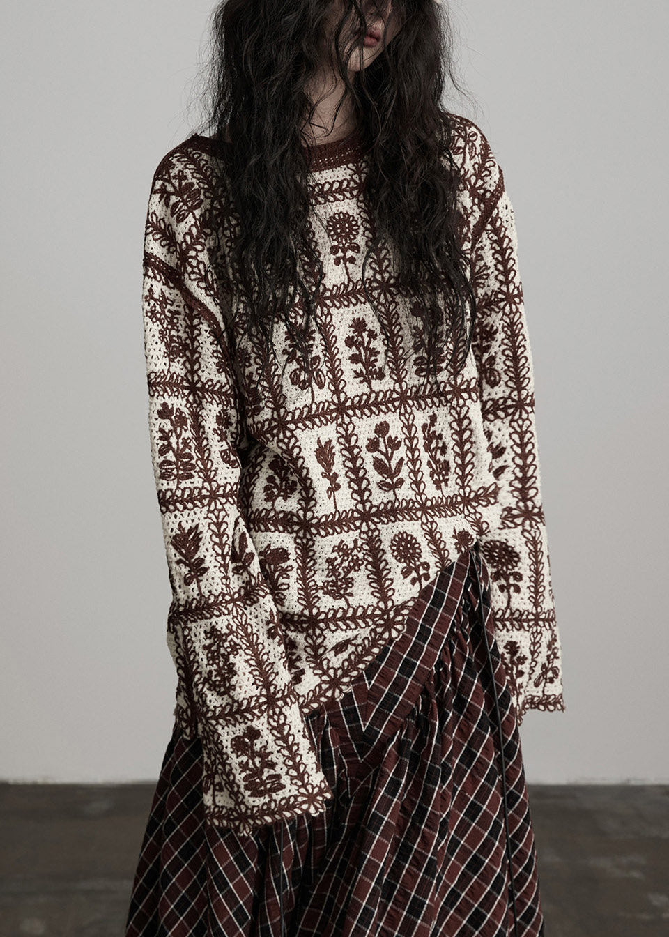 Casual Coffee O-Neck Print Cotton Knit Sweater Long Sleeve