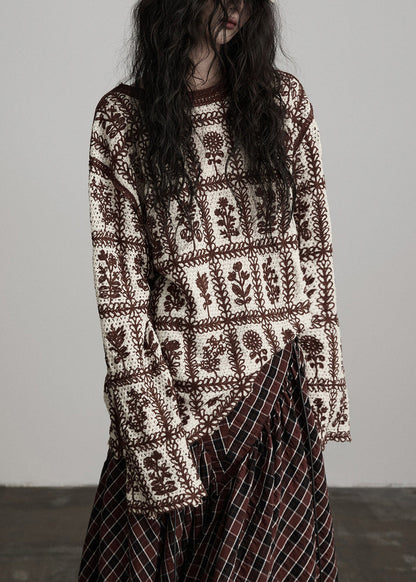 Casual Coffee O-Neck Print Cotton Knit Sweater Long Sleeve