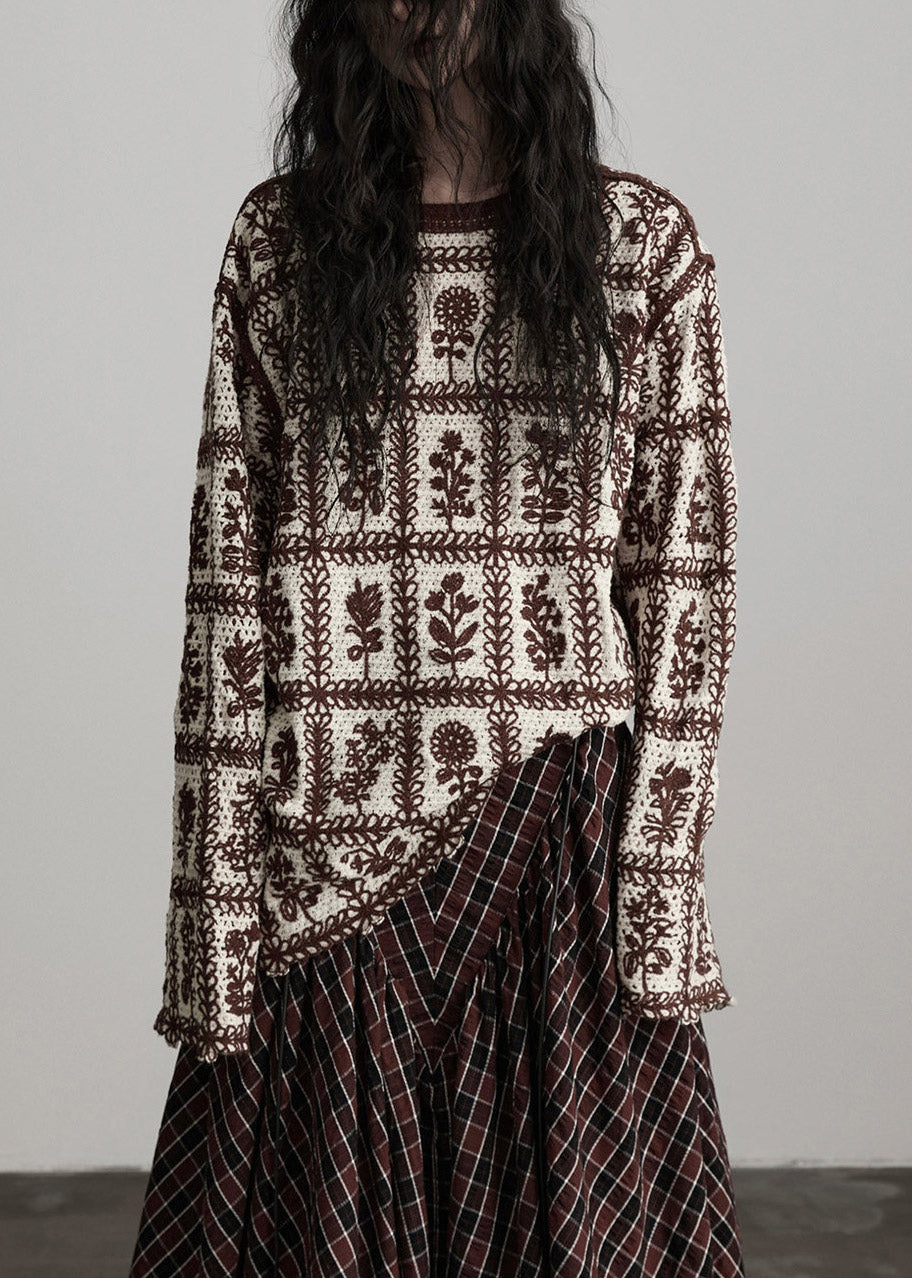 Casual Coffee O-Neck Print Cotton Knit Sweater Long Sleeve