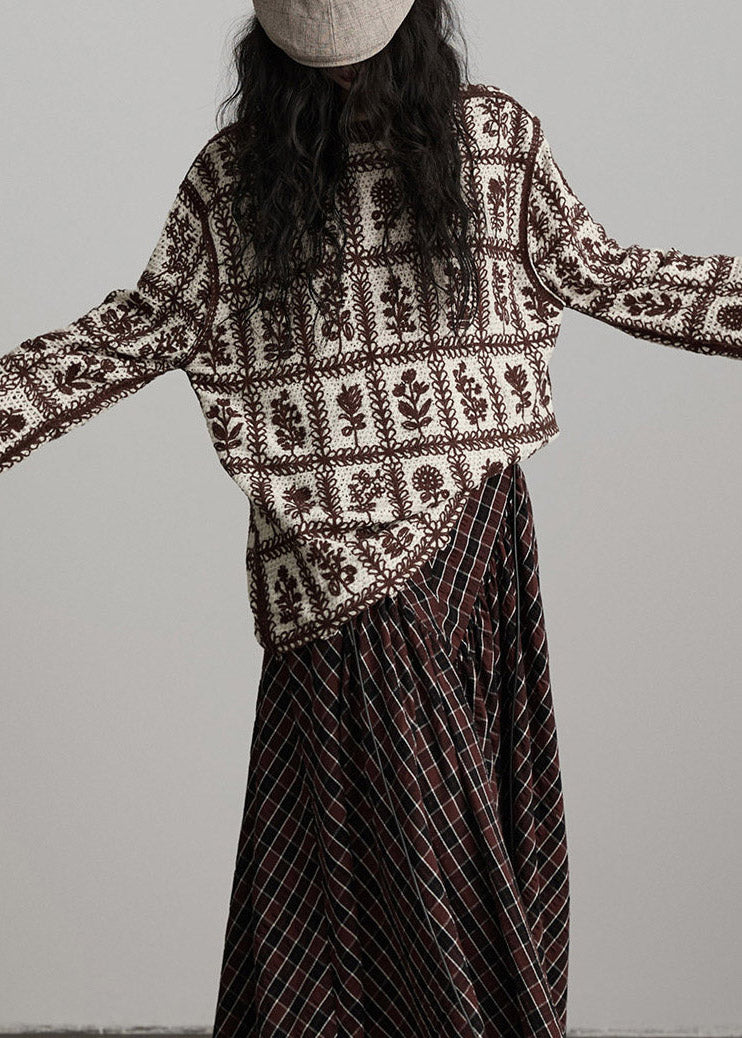 Casual Coffee O-Neck Print Cotton Knit Sweater Long Sleeve