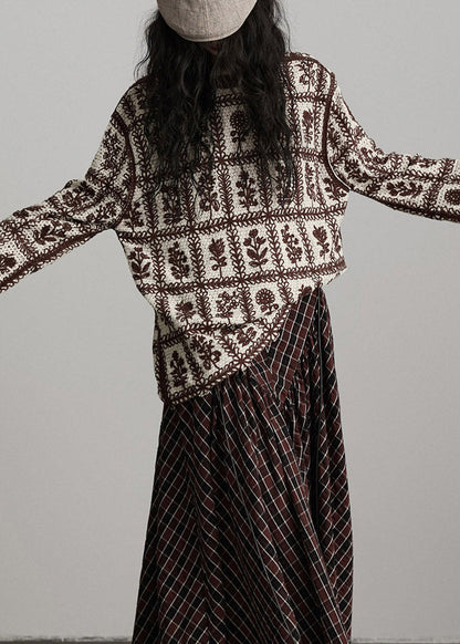 Casual Coffee O-Neck Print Cotton Knit Sweater Long Sleeve