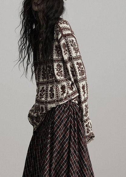 Casual Coffee O-Neck Print Cotton Knit Sweater Long Sleeve