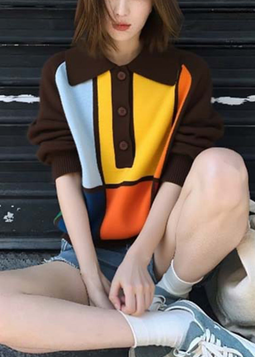 Casual Coffee Peter Pan Collar Button Patchwork Knit Sweaters Fall