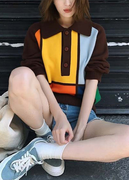 Casual Coffee Peter Pan Collar Button Patchwork Knit Sweaters Fall
