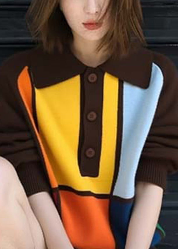 Casual Coffee Peter Pan Collar Button Patchwork Knit Sweaters Fall