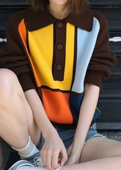 Casual Coffee Peter Pan Collar Button Patchwork Knit Sweaters Fall