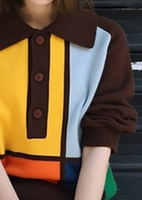 Casual Coffee Peter Pan Collar Button Patchwork Knit Sweaters Fall