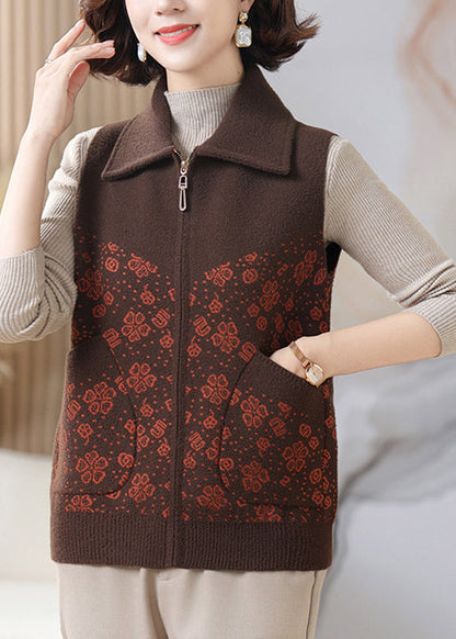 Casual Coffee Peter Pan Collar Pockets Knit Waistcoat Sleeveless