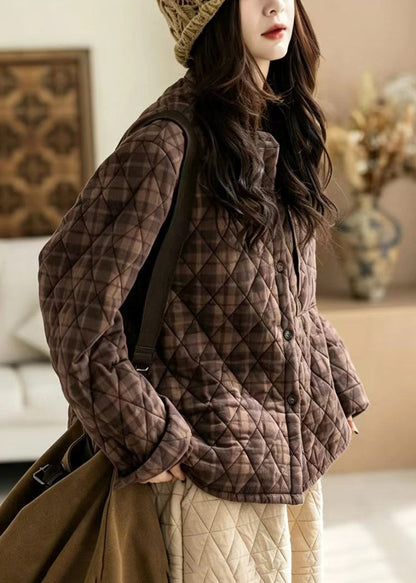 Casual Coffee Plaid O-Neck Quilted Cotton Filled Jackets Winter