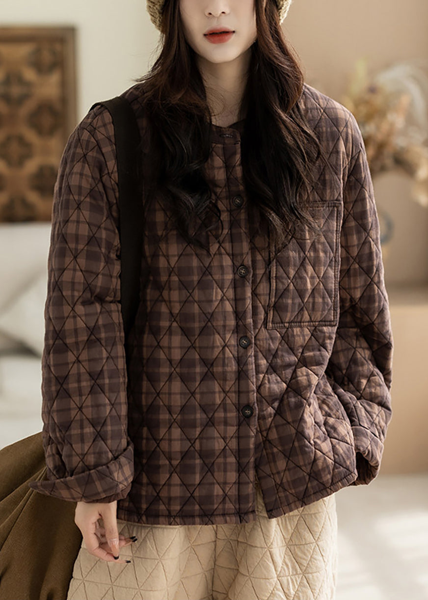 Casual Coffee Plaid O-Neck Quilted Cotton Filled Jackets Winter