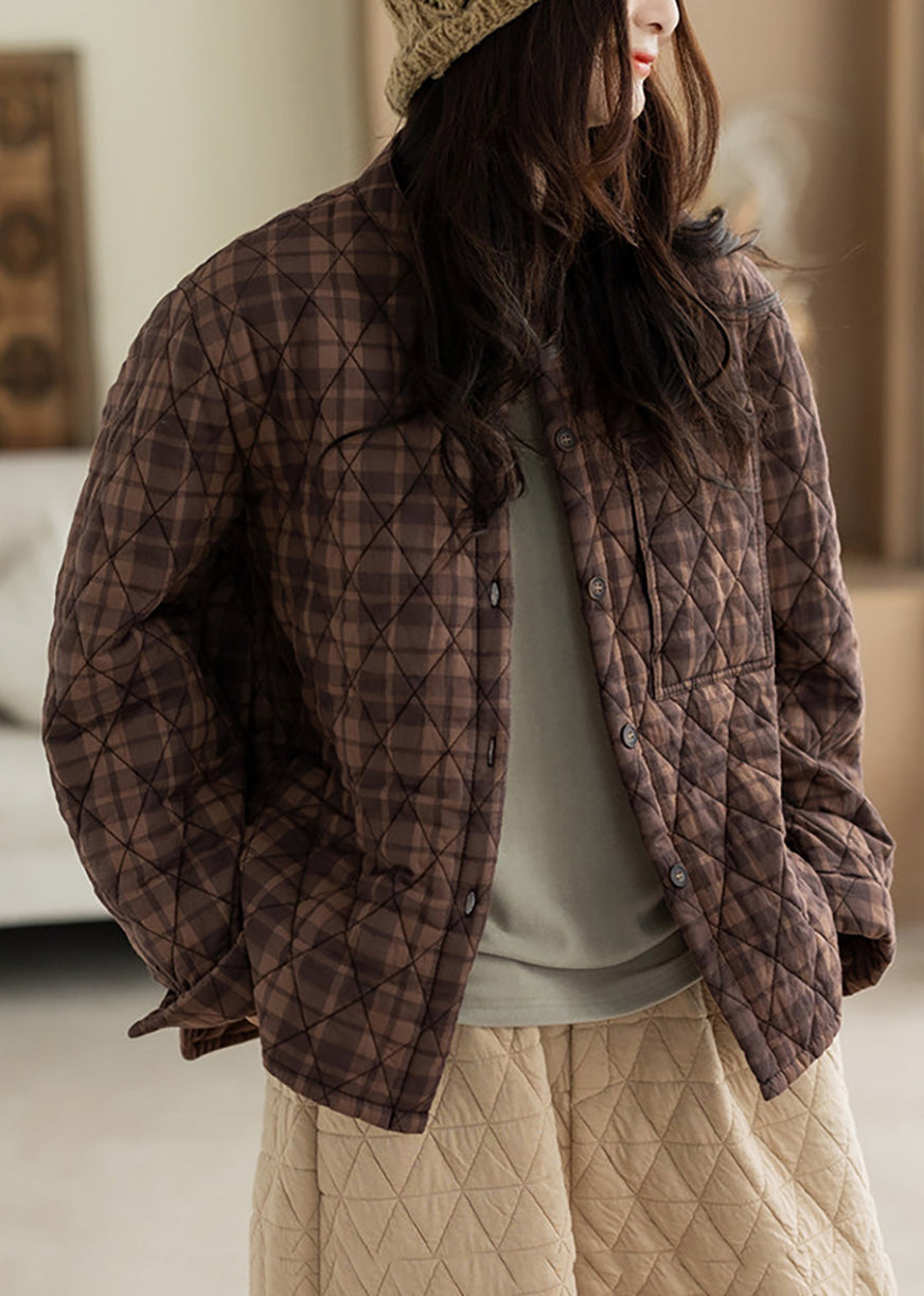 Casual Coffee Plaid O-Neck Quilted Cotton Filled Jackets Winter