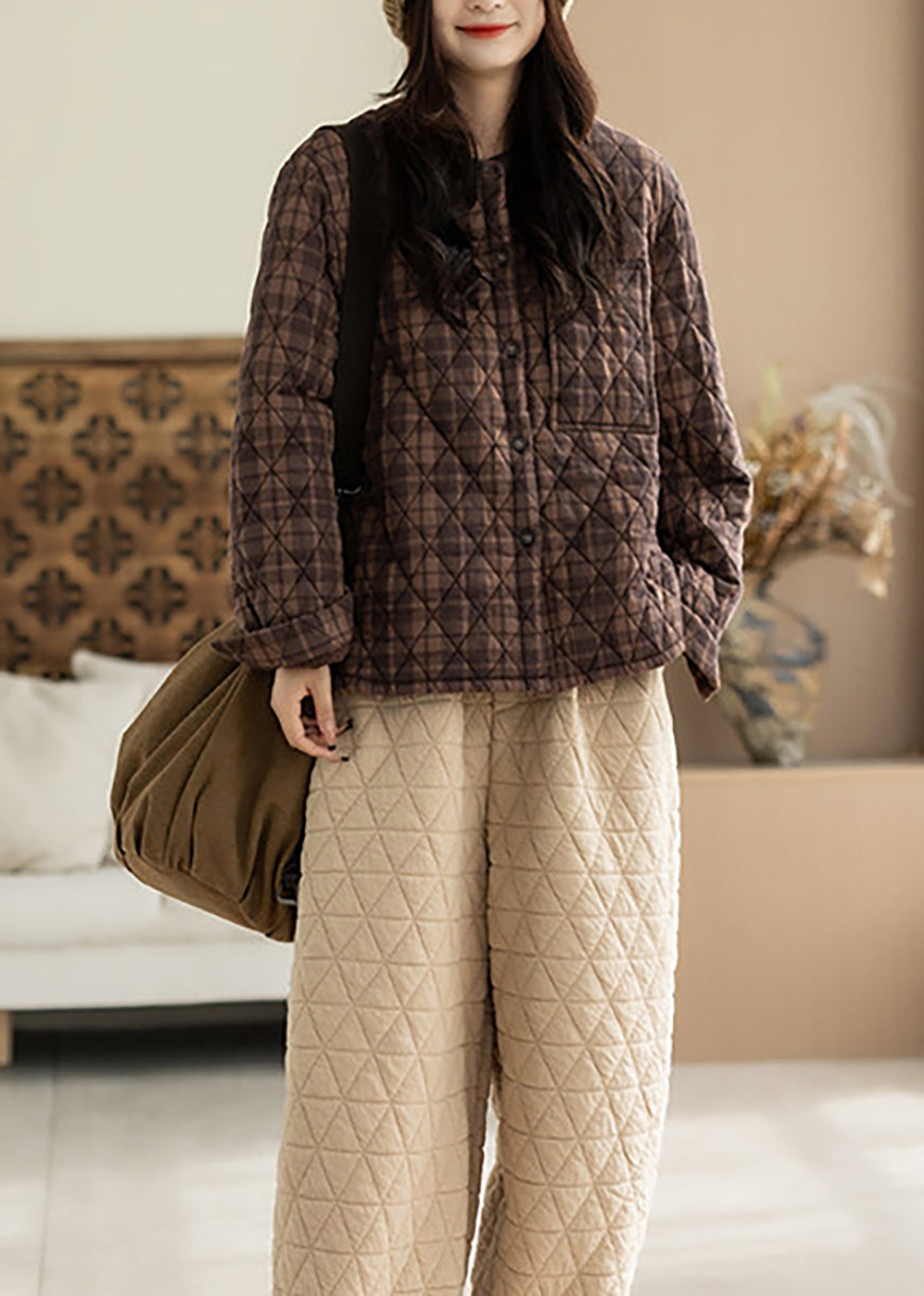 Casual Coffee Plaid O-Neck Quilted Cotton Filled Jackets Winter