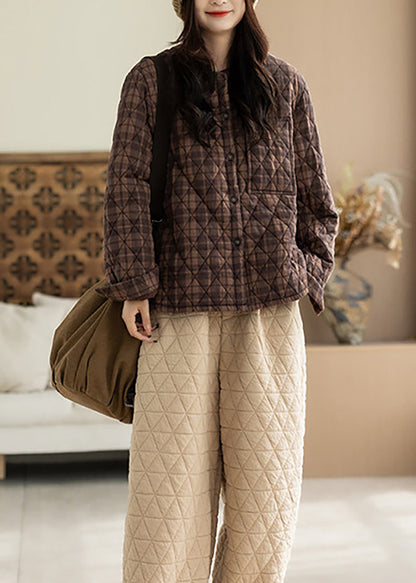 Casual Coffee Plaid O-Neck Quilted Cotton Filled Jackets Winter