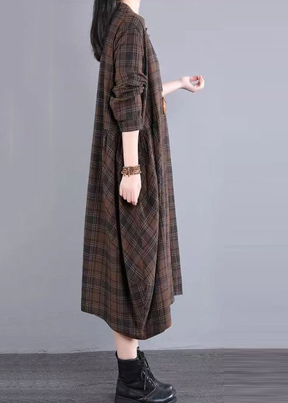 Casual Coffee Plaid Patchwork Cotton Shirts Dress Fall