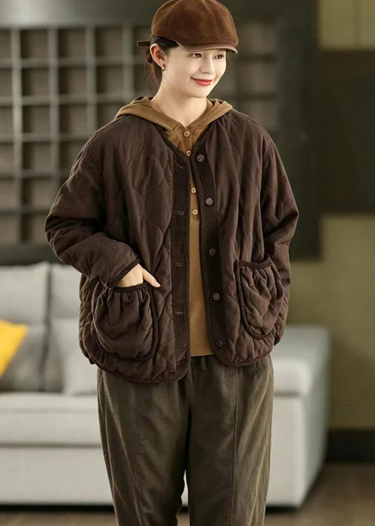 Casual Coffee Pockets Corduroy Patchwork Cotton Filled Jacket Winter