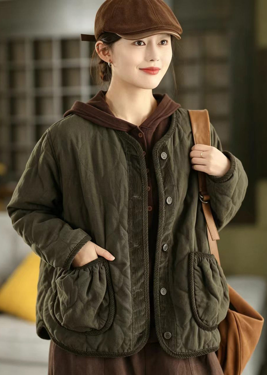 Casual Coffee Pockets Corduroy Patchwork Cotton Filled Jacket Winter