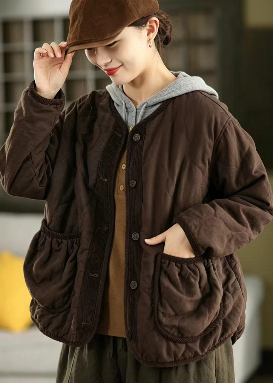 Casual Coffee Pockets Corduroy Patchwork Cotton Filled Jacket Winter