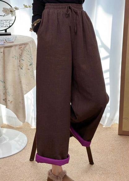 Casual Coffee Pockets Elastic Waist Fine Cotton Filled Pants Winter