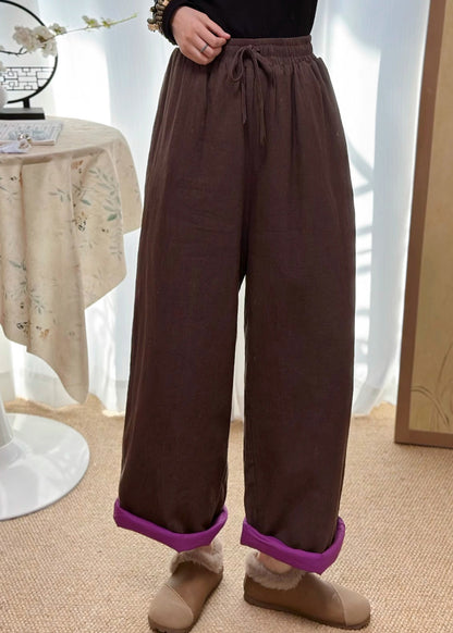 Casual Coffee Pockets Elastic Waist Fine Cotton Filled Pants Winter