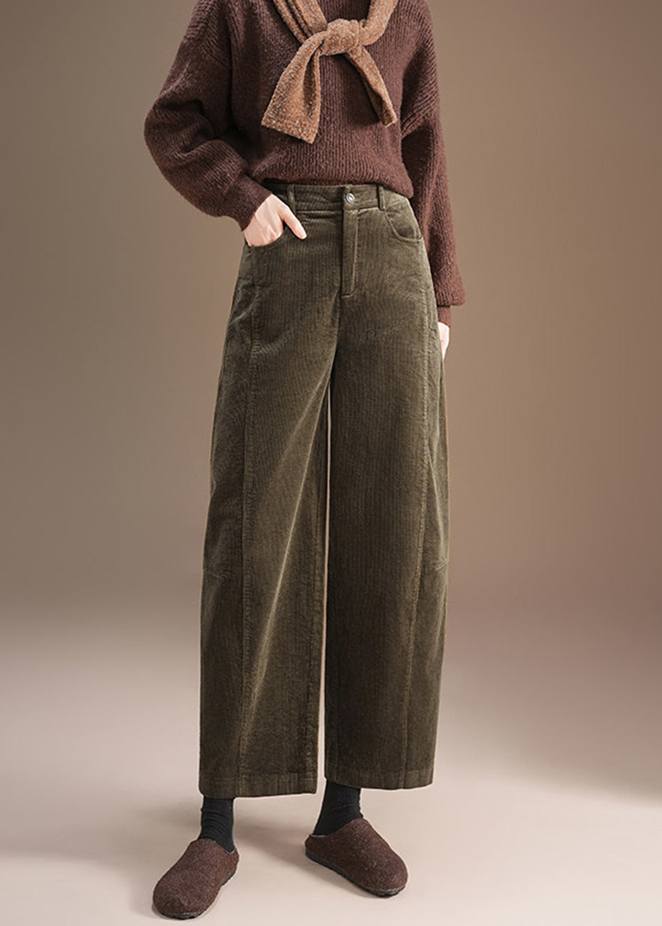 Casual Coffee Pockets High Waist Corduroy Straight Leg Pants Fall