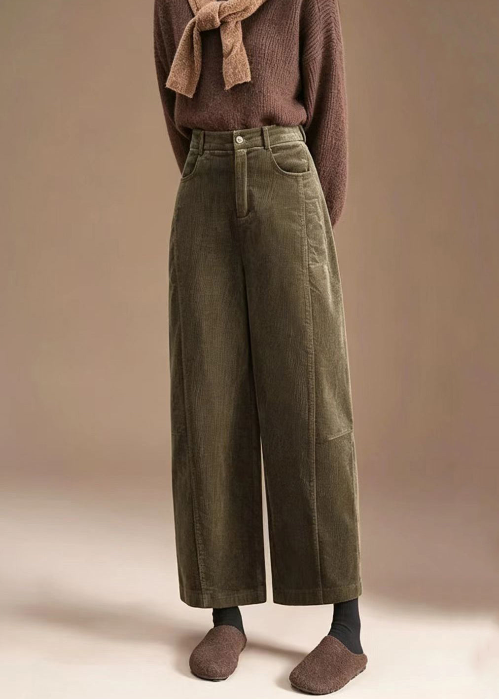 Casual Coffee Pockets High Waist Corduroy Straight Leg Pants Fall