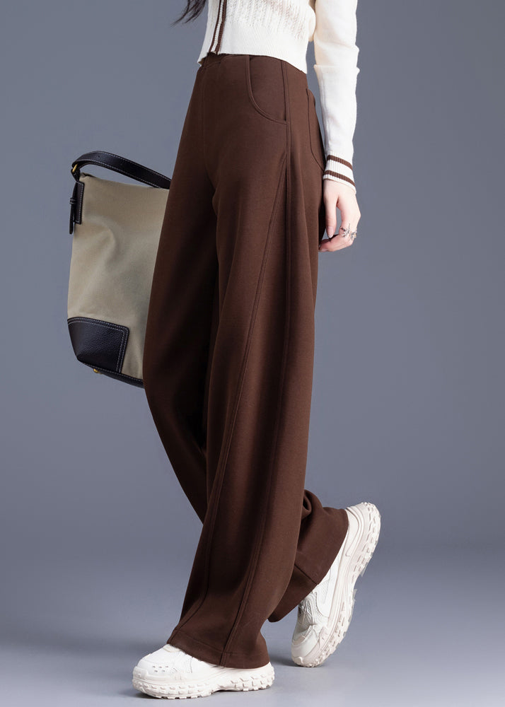 Casual Coffee Pockets Solid Elastic Waist Warm Fleece Pants