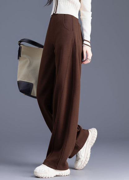 Casual Coffee Pockets Solid Elastic Waist Warm Fleece Pants