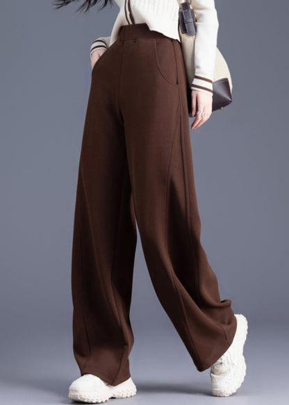 Casual Coffee Pockets Solid Elastic Waist Warm Fleece Pants