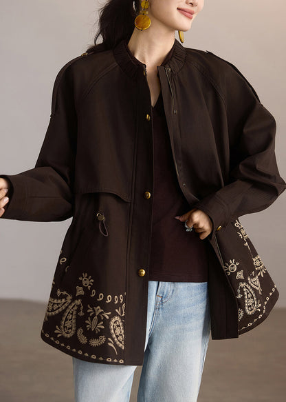Casual Coffee Print Drawstring Pockets Coat Spring
