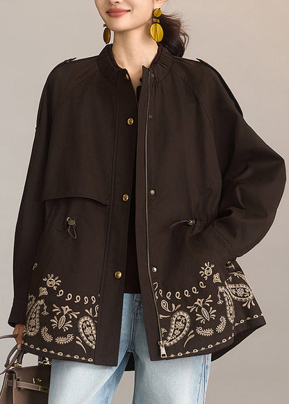 Casual Coffee Print Drawstring Pockets Coat Spring
