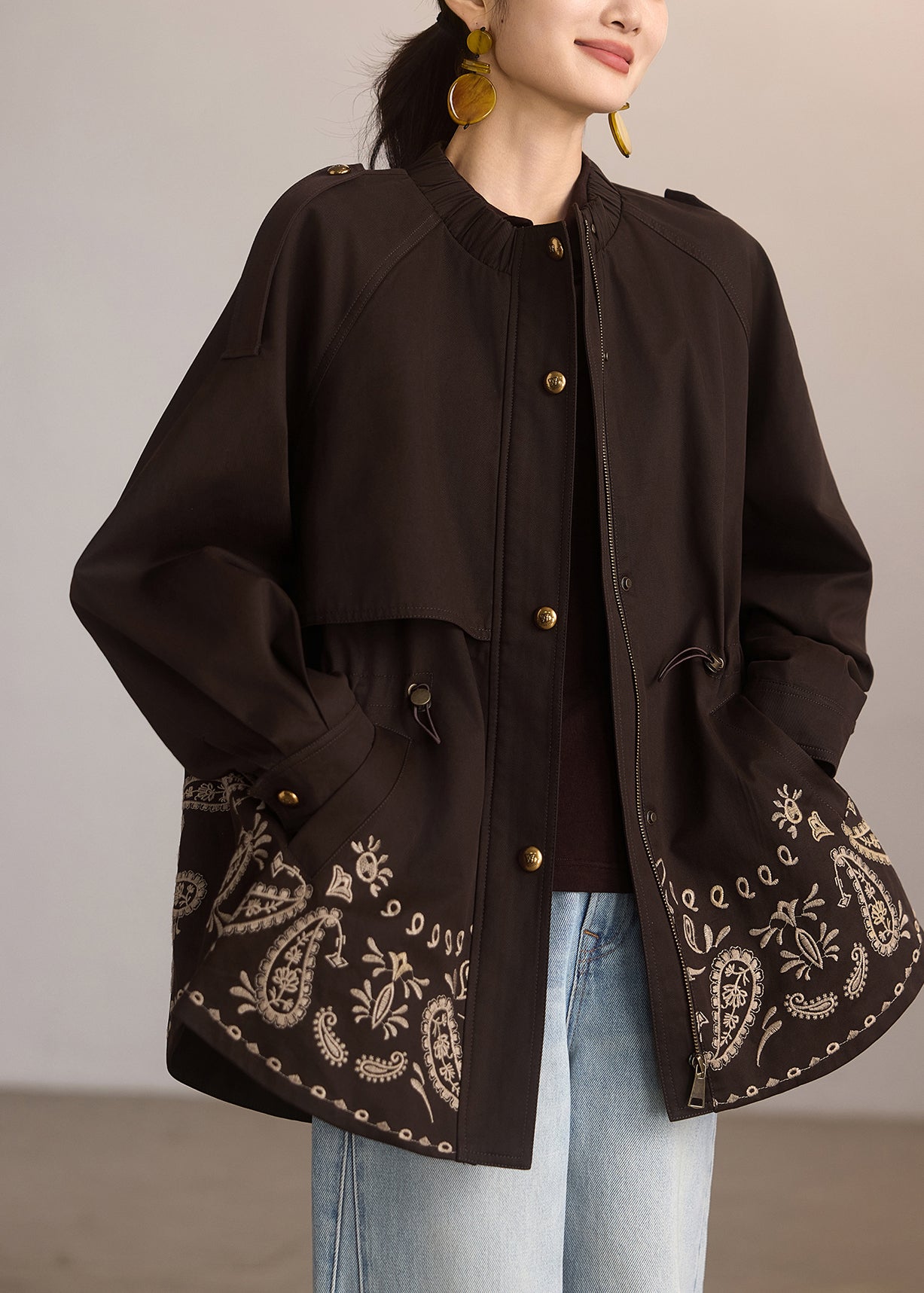 Casual Coffee Print Drawstring Pockets Coat Spring