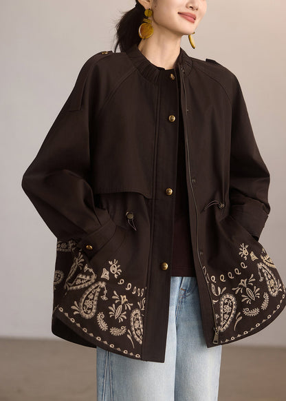 Casual Coffee Print Drawstring Pockets Coat Spring