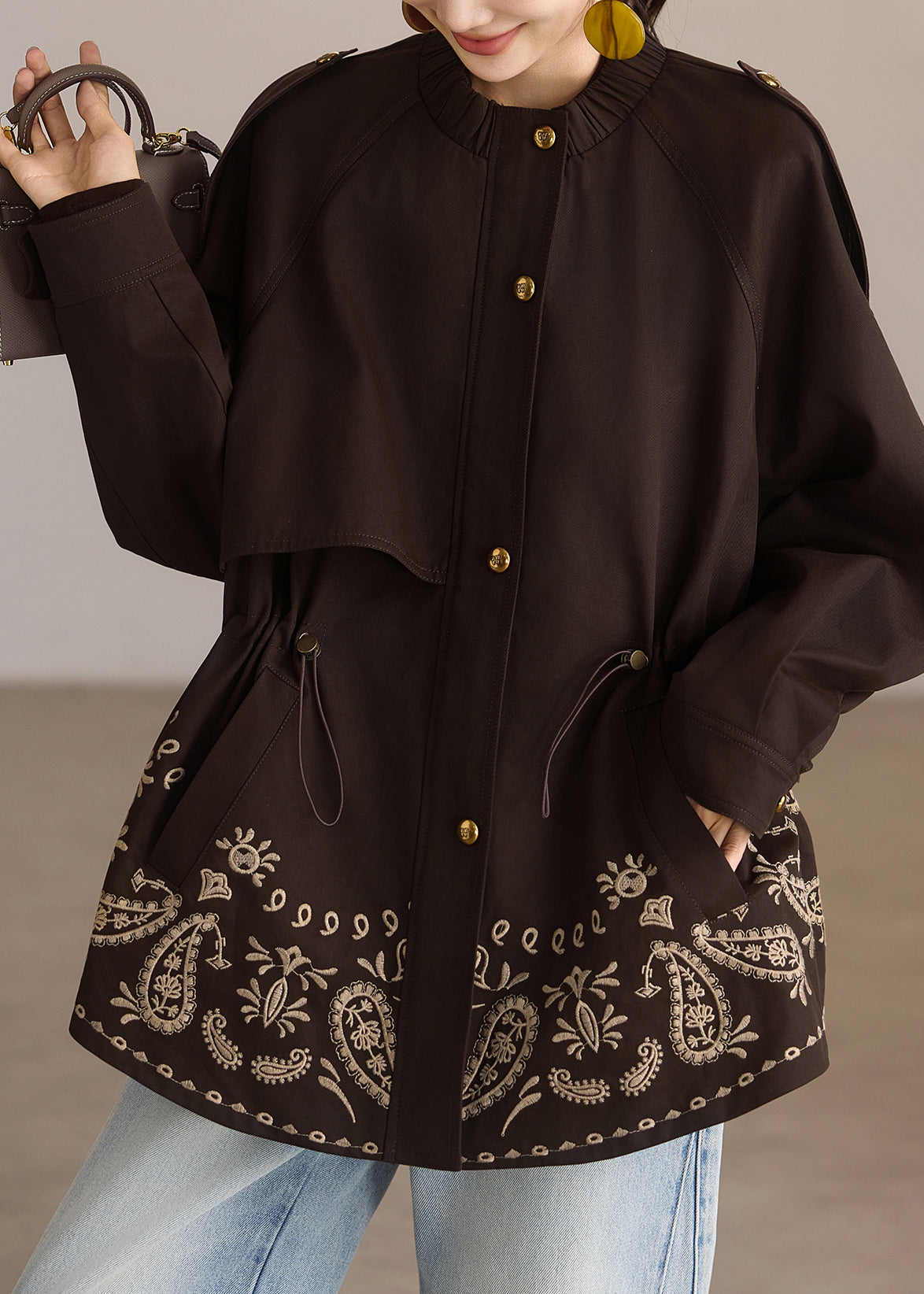 Casual Coffee Print Drawstring Pockets Coat Spring