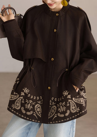 Casual Coffee Print Drawstring Pockets Coat Spring
