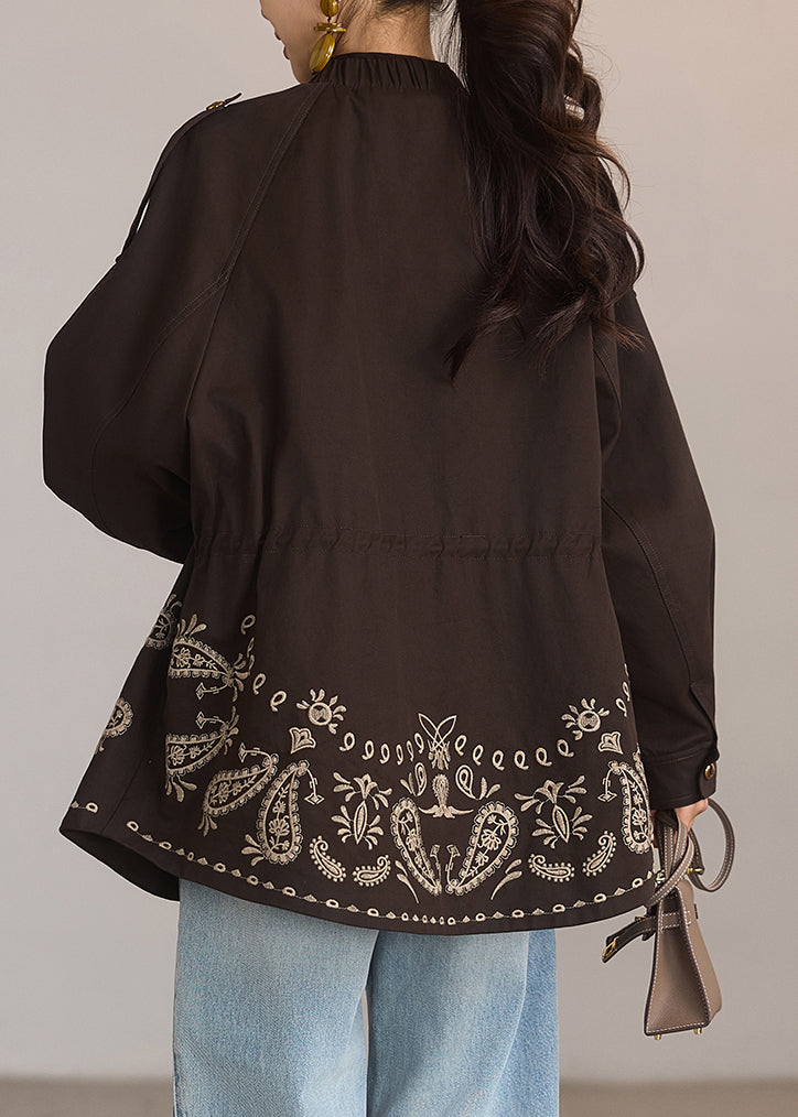 Casual Coffee Print Drawstring Pockets Coat Spring