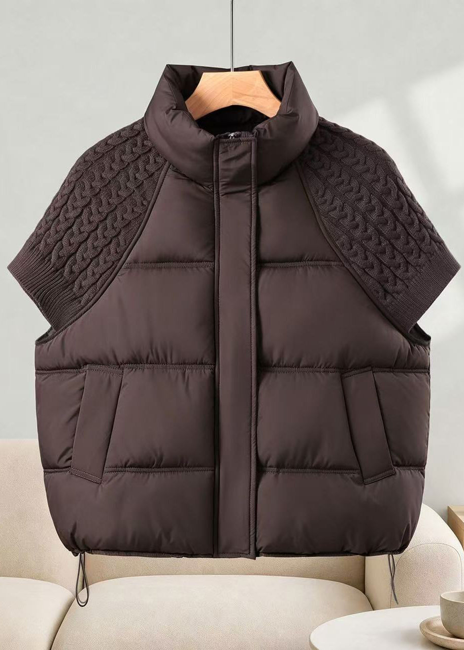 Casual Coffee Stand Collar Drawstring Knit Patchwork Cotton Filled Waistcoat Fall