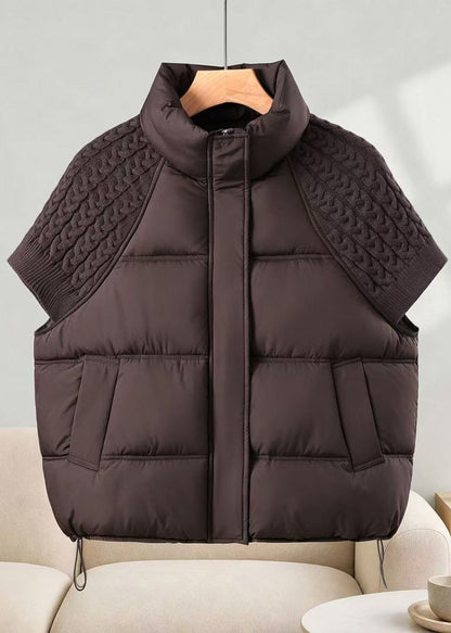 Casual Coffee Stand Collar Drawstring Knit Patchwork Cotton Filled Waistcoat Fall