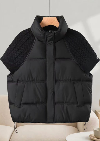 Casual Coffee Stand Collar Drawstring Knit Patchwork Cotton Filled Waistcoat Fall