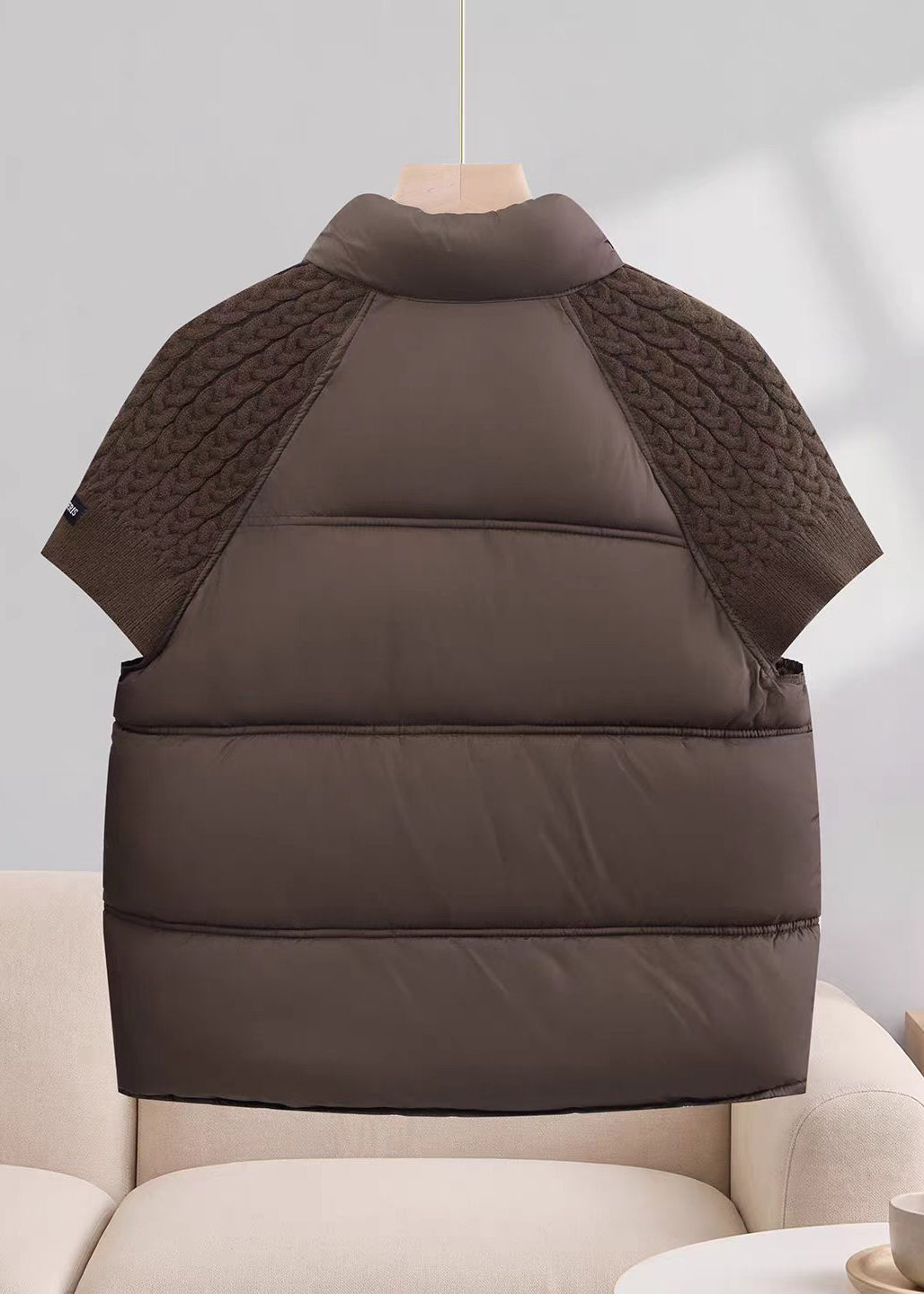 Casual Coffee Stand Collar Drawstring Knit Patchwork Cotton Filled Waistcoat Fall
