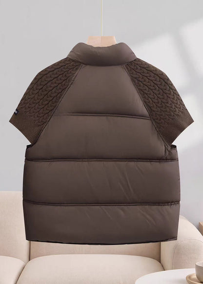 Casual Coffee Stand Collar Drawstring Knit Patchwork Cotton Filled Waistcoat Fall