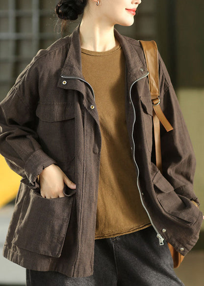Casual Coffee Stand Collar Patchwork Coat Long Sleeve